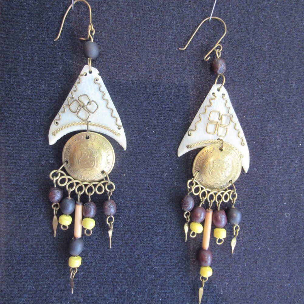 Vintage, Peruvian Coin earrings, Seed Beads, Gold Tone, Natural, Handmade